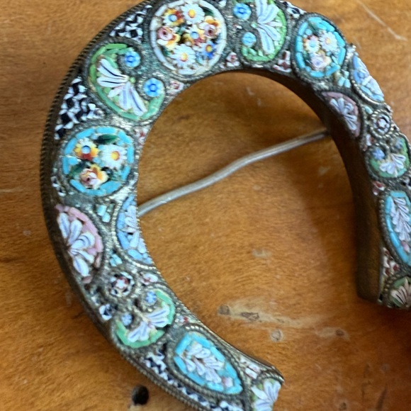 Antique Italian Micro Mosaic Brooch Lucky Horseshoe 1920s - Picture 5 of 7